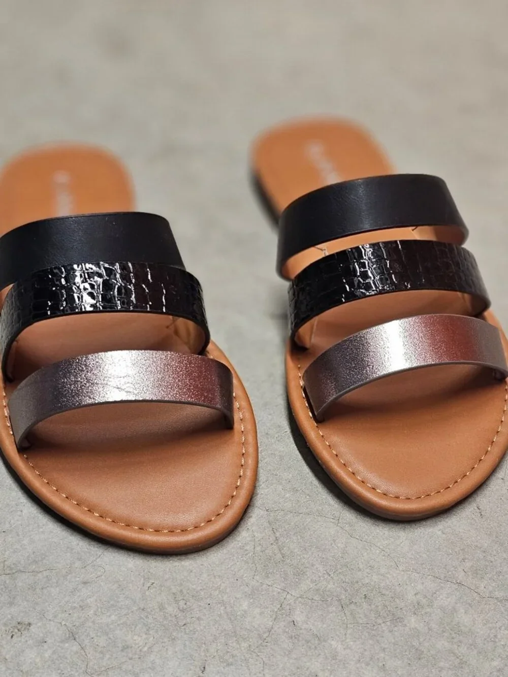 Womens Multi-Strap Slide Sandals With Faux Leather In Black Metallic & Croc-Embo - Picture 6 of 9